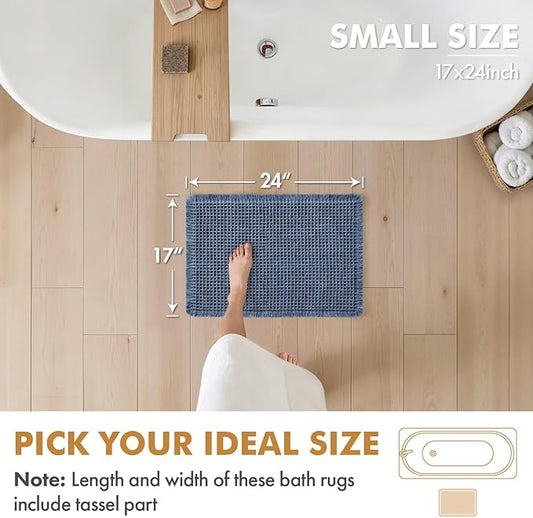 MIULEE Set of 2 Waffle Bathroom Rugs, Boho Bath Rugs Non Slip Washable, Super Absorbent Bath Mats, Ultra Soft Rubber Backed Shower Mats for Bathroom Floor, Tub and Shower, Blue, 17x24 Inch