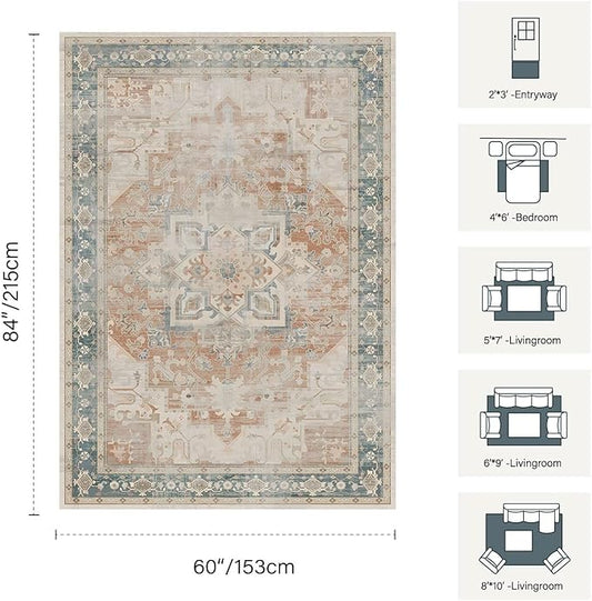 Rugxara 5X7 Washable Area Rug for Living Room, Neutral Vintage Boho Rugs for Office, Dining Room, Kids Room, Farmhouse, Low Pile Non Slip Carpet for High Traffic Areas, Coral