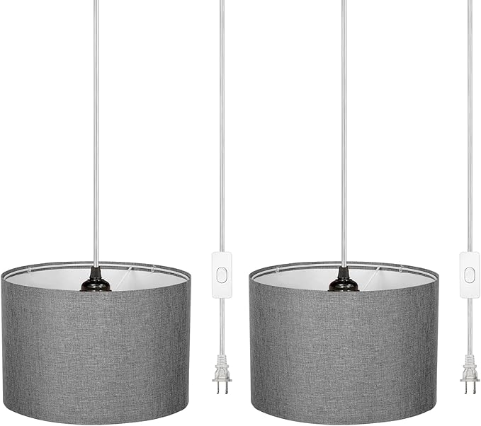 ZSLAIFU 15FT Plug in Pendant Light with Switch,Hanging Lamp with Plug in Cord, Hanging Light Pendant Lamp with Remote Control,Pendant Light Fixture for Living Room Bedroom Farmhouse (Grey x2)