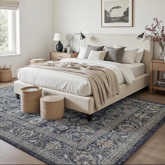 4x6 Area Rugs Grey and Blue Washable Rug for Living Room, Dining Room, Bedroom, Large Carpets, Non Slip & Non-Shedding Low Pile Vintage Print Rug for Home Office Decor