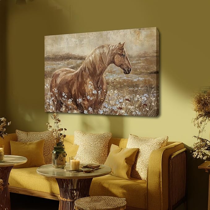 ZENPEE Horse Canvas Wall Art for Farmhouse Decor, Neutral Brown/Beige Equestrian Picture with Wildflower Meadow, Animal Artwork for Living Room Bedroom Office, Ready to Hang, 24 x 36 Inches