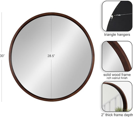 Kate and Laurel Hutton Round Decorative Wood Frame Wall Mirror, 30 Inch Diameter, Walnut