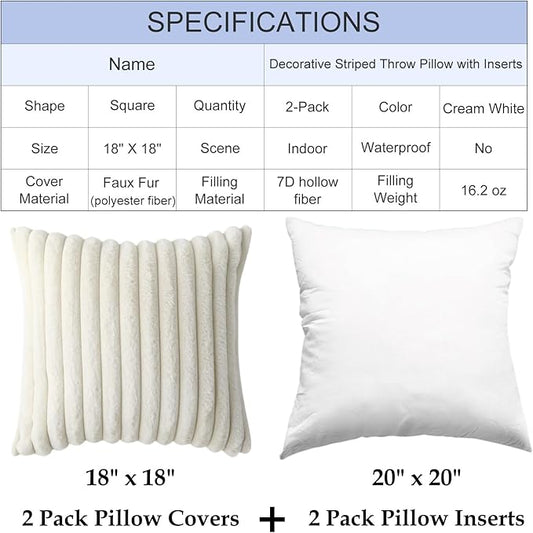 Decorative Throw Pillow with Inserts, Set of 2 Soft Faux Fur Throw Pillows, Square Boho Striped Pillow for Couch, Bed, Sofa Decor(Beige, 18" x 18")
