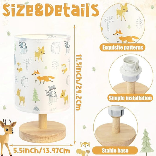 Animal Table Lamp for Bedroom Kids Bedside Lamp with Linen Wooden Nightstand Cartoon Nursery Lampshade for Boys Girls Room Decor