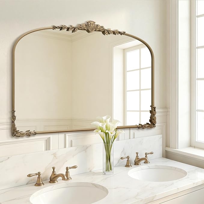 Besdomus Large Gold Wall Mirror: 48"x33" Baroque Vintage Fireplace Arched Mirror - Traditional Ornate Antique for Bedroom/Entryway/Bathroom/Vanity/Living Room - Ideal for Fashion-Conscious