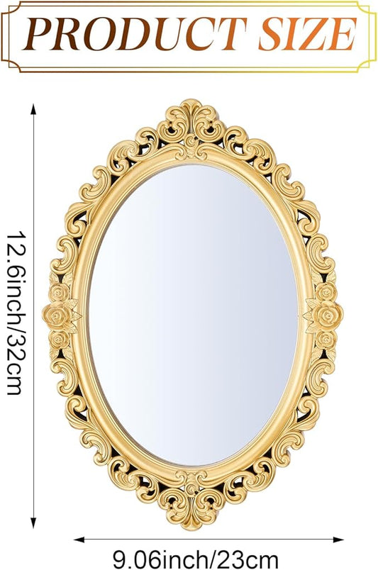 Beeveer 1 Style Vintage Mirrors Set Decorative Oval Wall Mirror Small Antique Mirrored Tray Decorative Hanging Mirror for Bathroom Bedroom Jewelry Organizer Victorian Decor (Oval,Gold)