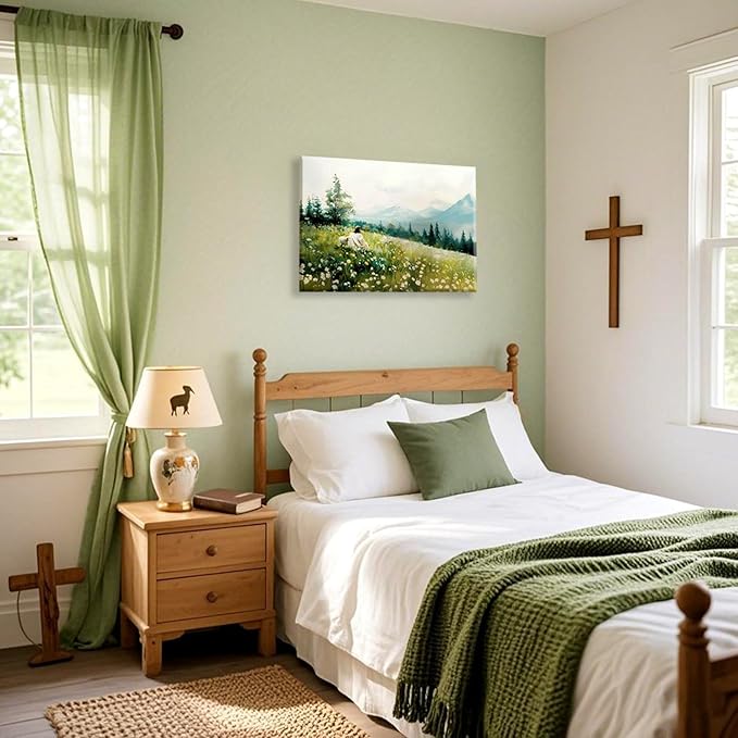 Jesus Leaving 99 Sheep Posters Wall Art, Christian Landscape Pictures, Christian Jesus Lamb Paintings Wall Art, Bible Story Wall Decor, Art Prints for Bedroom, Living Room, Office Ready To Hang 12x16 Inches.
