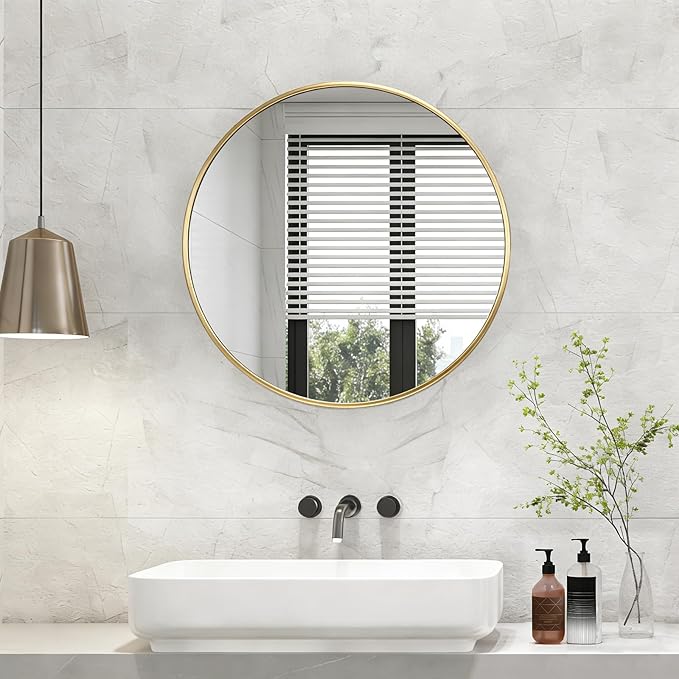NEWBULIG 28 Inch Round Wall Mirror, Bathroom Mirror for Over Sink, Matte Metal Framed Circle Vanity Mirror, Wall Decor for Bedroom, Entryway, Anti-Rust, Tempered Glass, Hanging or Leaning, Gold