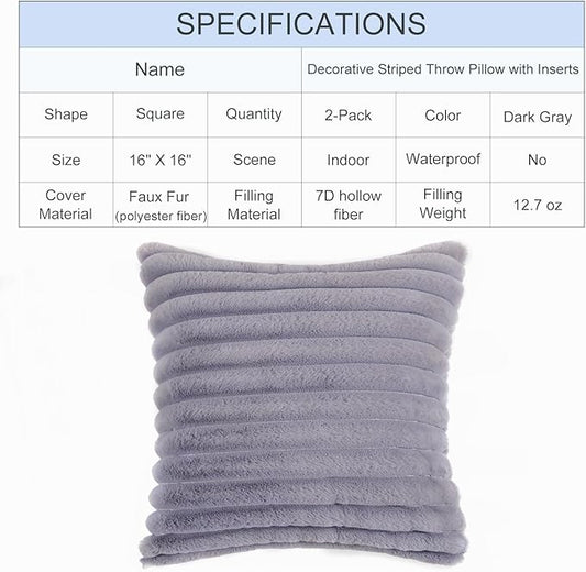 Decorative Throw Pillow with Inserts, Set of 2 Soft Faux Fur Throw Pillows, Square Boho Striped Pillow for Couch, Bed, Sofa Decor(Gray, 16" x 16")