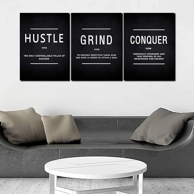 KAWAHONE Grind Hustle Conquer Success Wall Art, Motivation Canvas Wall Decor Framed Inspirational Painting Quotes Positive Poster Wall Hanging Picture for Home Office Workplace - 12" Wx16 Hx3piece