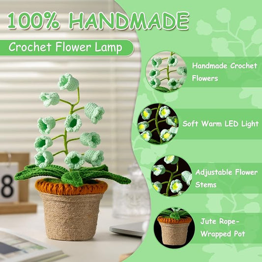 Lily of The Valley Lamp, Green Crochet Artificial Flowers with Night Lights, Cordless Table Lamp -Birthday Gifts for Women,Cozy Home Decor Mothers Day Gifts