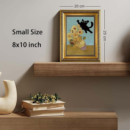 YD&YZY Gold Framed Funny Cat Wall Art Canvas Vintage Black Cat Wall Decor Van Gogh Sunflower Cute Animal Room Print Painting Picture Poster For Home Bedroom Dorm 8x10 inch Small Framed