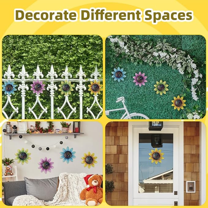 Redvigh Metal Flower Wall Art Decor 4PCS, Sunflower Garden Ornaments 3D Daisy Flower Hanging Wall Decorations for Bedroom Living Room Bedroom Indoor Outdoor