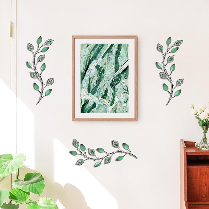 Cityelf 3 Set Crystal Leaf Wall Art Sculpture Iron Tree Leaves Branch Hanging Wall Décor Jeweled Bling Home Deor Acrylic Diamond Accent …