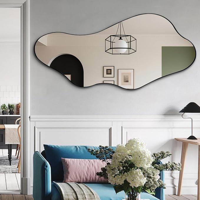 Large Irregular Mirror, 55"x25.6" Asymmetrical Wall Mirrors with Metal Frame, Modern Organic Shaped Mirrors for Living Room Bedroom Hallway Entryway, Hangs Vertically or Horizontally