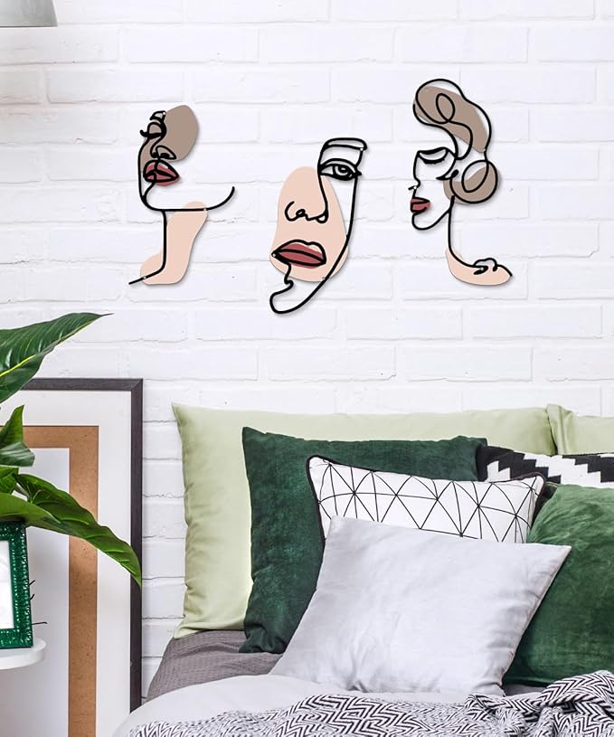 Putuo Decor Abstract Face Metal Wall Art Set of 3, Modern Line Art Wall Decor, Minimalist Metal Sculpture for Living Room Bedroom Bathroom