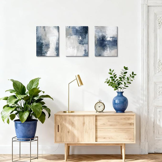 WENGTIAO 3 Pcs Navy Blue Abstract Canvas Wall Art Prints Modern Minimalist Blue Gray Artwork for Walls Framed White Neutral Poster Paintings Decor for Living Room Bedroom Bathroom Office 12x16x3Pcs