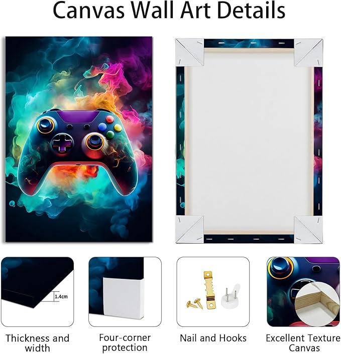 WENGTIAO 3Pcs Framed Gaming Canvas Wall Art Prints Cool Video Gamer Painting Neon Gamepad Headphones Posters Colorful Game Controller Pictures Esports Artwork for Teen Boys Bedroom Play Room 12x16in