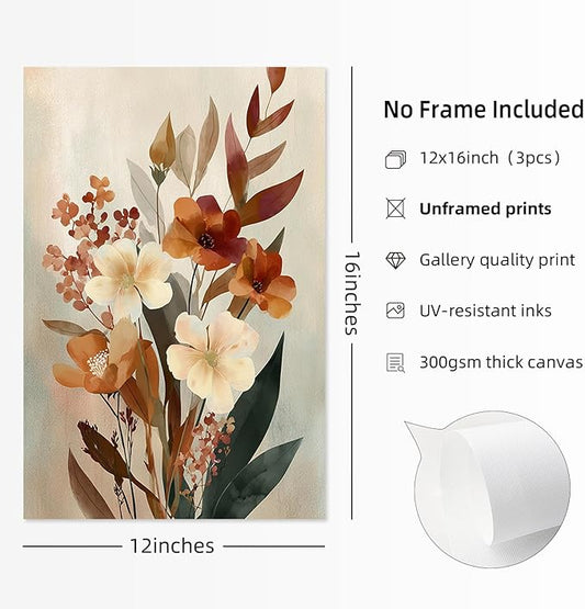 Boho Flower Wall Art Vintage Abstract Floral Prints Botanical Canvas Wall Decor Flower Farmhouse Pictures Fall Plant Poster Rustic Autumn Floral Artwork for Bedroom Living Room 12x16x3 Inch Unframed 