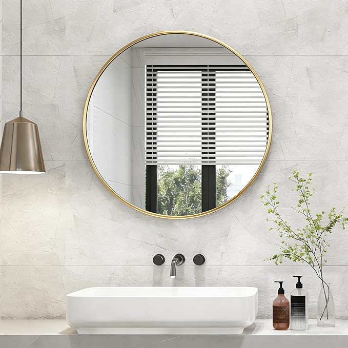 NEWBULIG 36 Inch Round Wall Mirror, Bathroom Mirror for Over Sink, Matte Metal Framed Circle Vanity Mirror, Wall Decor for Bedroom, Entryway, Anti-Rust, Tempered Glass, Hanging or Leaning, Gold