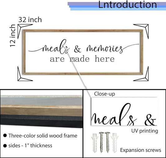 FZMHASLWW Farmhouse Kitchen Wall Decor Quote Meals and Memories Are Made Here Sign Art 32"×12" Vintage Cozy Home for Dining Room Large Rustic Wooden Framed Wall Hanging Decoration (Wood)