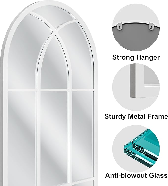 OGCAU Full Length Arched Floor Mirror, 65"x22" Window Pane Design, Decorative Hanging or Leaning, Full Body with Iron Frame for Bedroom Living Room (White)