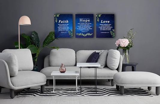 Faith & Hope Bible Verse Wall Art - Christian Canvas Wall Art, Religious Decor Gift for Living Room & Bedroom (29 x 38cm x 3pcs) Framed Starry Sky