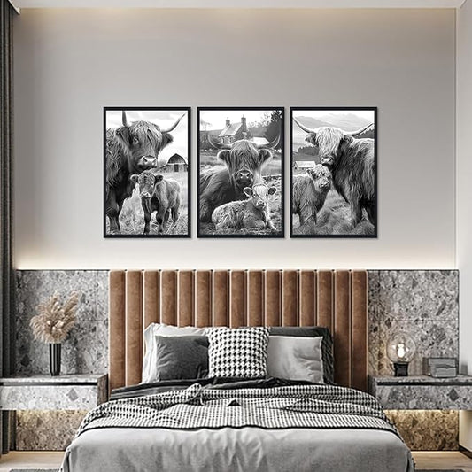 Black White Vintage Highland Cow Framed Canvas Wall Art Farmhouse Highland Cow & Calf Poster for Kitchen Wall Decor Western Country Animals Print Artwork for Gallery Decoration 16x24inchx3pcs