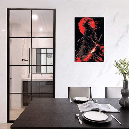 Black and Red Japanese Samurai Wall Art Bushido Pictures Wall Decor Canvas Prints Armored Samurai Painting Poster Artwork Modern Home Decor Framed for Bedroom Living Room Office (24''W x 36''H)