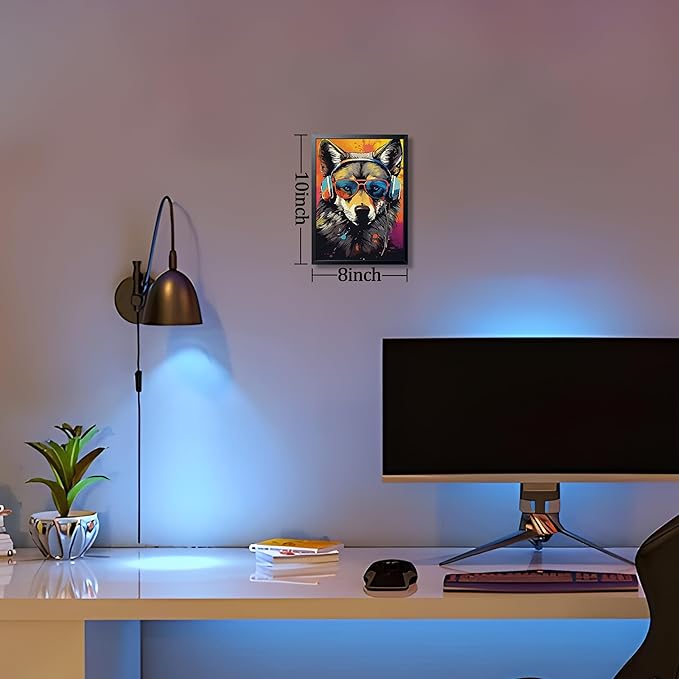 Cool Wolf Wall Art Framed Canvas Print, Wolf Wearing Sunglasses and Headphones Pop Art Poster, Vibrant Graffiti Music King Animal Painting for Boys Room Bedroom Gaming Room Home Decor 8x10 Inch
