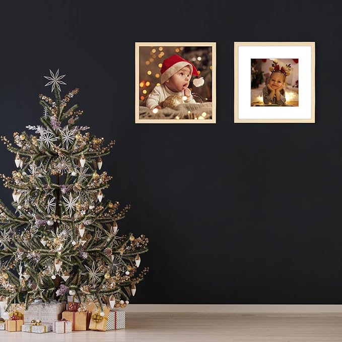 12x12 Picture Frame Set of 6, Display Pictures 8x8 with Mat or 12x12 Without Mat, Tabletop Display and Wall Hanging Photo Frame, Gallery Wall Frame Set, Natural Wood Color