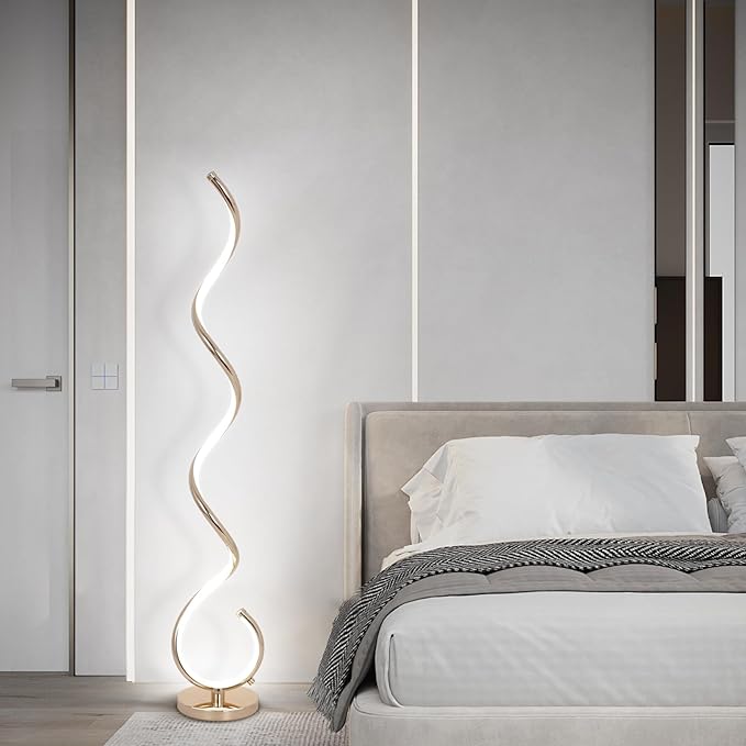 EIDISUNY Modern Spiral Floor Lamp for Living Room, Bedroom & Office - 3 Color Temperature LED with Remote & Foot Switch, Dimmable 48W (Gold)