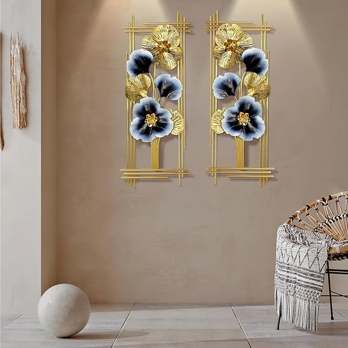 Metal Wall Art Decor 2 Pcs 34" x 15" 3D Wall Sculpture Handmade Golden Ginkgo Leaf Blue Flower Hanging Home Decor Wall Sculpture Modern for Living Room, Bedroom, Dining Room, Office and Hotel Large