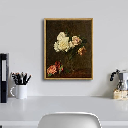 Pyradecor Vintage Retro Framed Wall Art Roses Paintings Pictures Canvas Prints Mid Century Bathroom Decor for Living Room Office Farmhouse Decorations
