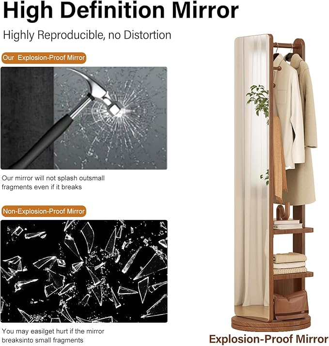 WoodsWhisper Full Length Mirror Coat Rack Solid Wood Floor Mirror 66"x12" Full Length Mirror with Stand Long Mirrors for Bedroom,Living Room (Walnut Brown, 70" L x 16" W)