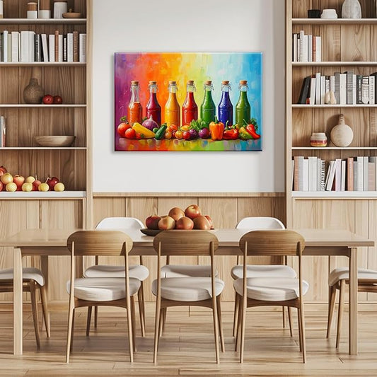 OAAPITI Kitchen Canvas Wall Art Colorful Spices Seasoning Bottle And Vegetable Picture Print Abstract Contemporary Modern Artwork Home Decoration Ready To Hang(Artwork-5,16"x24")