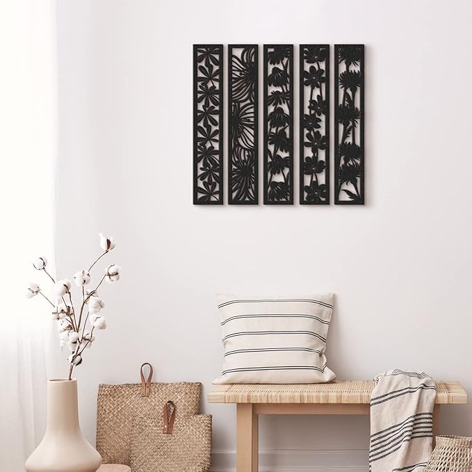 5 Pieces Wooden Wall Art Hollow Wall Decor Wood Wall Accents Themed Wood Panels for Home Decorations Bedroom Living Room, 15.7 x 2.9 x 0.2 Inch (Black, Floral)