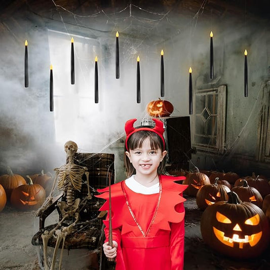 Leejec 10 Pcs of 10.8" Floating Candles, Magic Wand Remote with 6/18H Timer, Halloween Decorations, Hanging Flameless Taper Candles, Flickering Warm White LED, Home Decor, Witch Wizard Gift (Black)