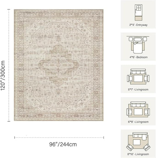 Rugxara 8x10 Washable Area Rug for Living Room, Vintage Neutral Extra Large Boho Rugs for Office, Kids Room, Farmhouse, Durable Low Pile Non Slip Carpet for High Traffic Areas, Cream