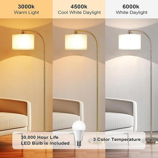 Gold Floor Lamp for Living Room,65'' Modern Standing Lamps with LED Bulb,Elegant Floor Light with Fabric Shade,Tall Lamp for Bedroom Office Study Room Corner Dining Room(Remote not Include)