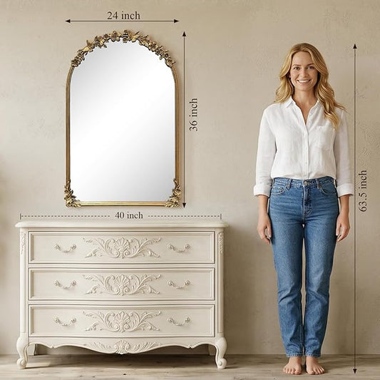 Antique Baroque Vintage Vanity Mirror 36x23Inch, Gold with Ornate Antique Frame, Arched Vintage Wall Mirror for Living Room, Fireplace, Entryway (Golden (Arched 4), 36"L x 23"W(Vertical ))