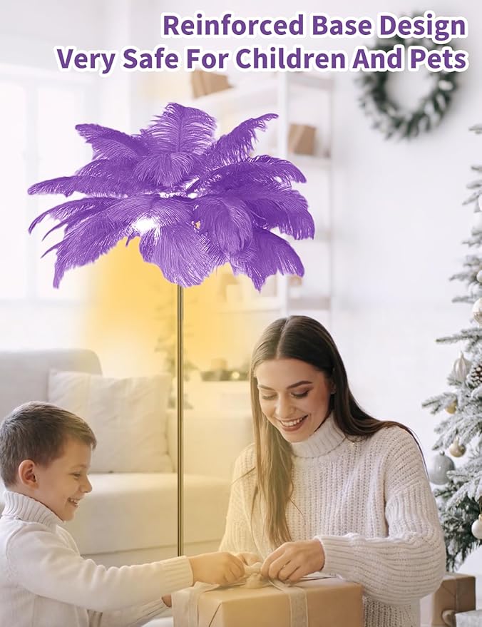 Feather Floor Lamp,Fluffy Ostrich Feather Floor Lamp for Bedroom,3 Color Temperatures Led Corner Modern Floor Lamps for Living Room Christmas Home Decor House Warming Gifts,63″ Height (Light Purple)