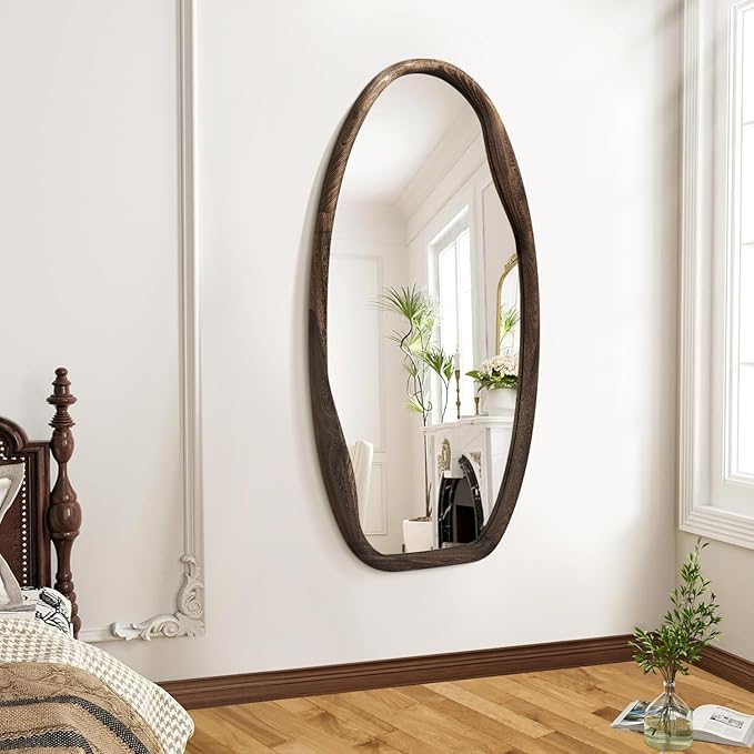 JJUUYOU Irregular Wall Mirror Asymmetrical Bathroom Mirrors for Wall 40"X20" Large Wood Framed Hanging Mirror for Living Room Bathroom Entryway Bedroom Horizontal or Vertical Dark Brown