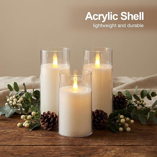 Amagic White Flameless Candles with Remote and Timer, Realistic Flickering Battery Operated Acrylic Led Pillar Fake Candles for Home Wedding Party Fall Christmas Decor, 3"×5" 5" 5" 6" 6" 6" Set of 6