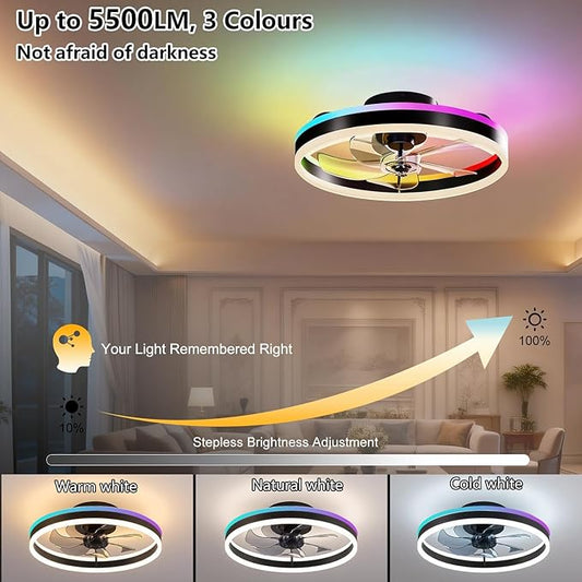 RGBCW Ceiling Fan with Light, 20" Flush Mount Low Profile Smart Fan Light with App & Remote Control, 6 Speeds Reversible, 3CCT Dimmable LED Bladeless Fandelier Quiet DC Motor for Bedroom Living Room