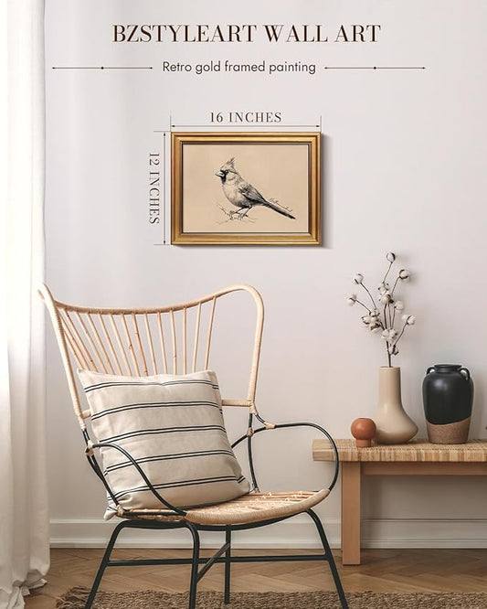 Bzstyleart Vintage Wall Art Decor, Framed Bird Wall Decor Painting for Living Room, Sketch Yili State Bird Animal Canvas Prints Home Decor Aesthetic for Bedroom Bathroom, 12L x 16W
