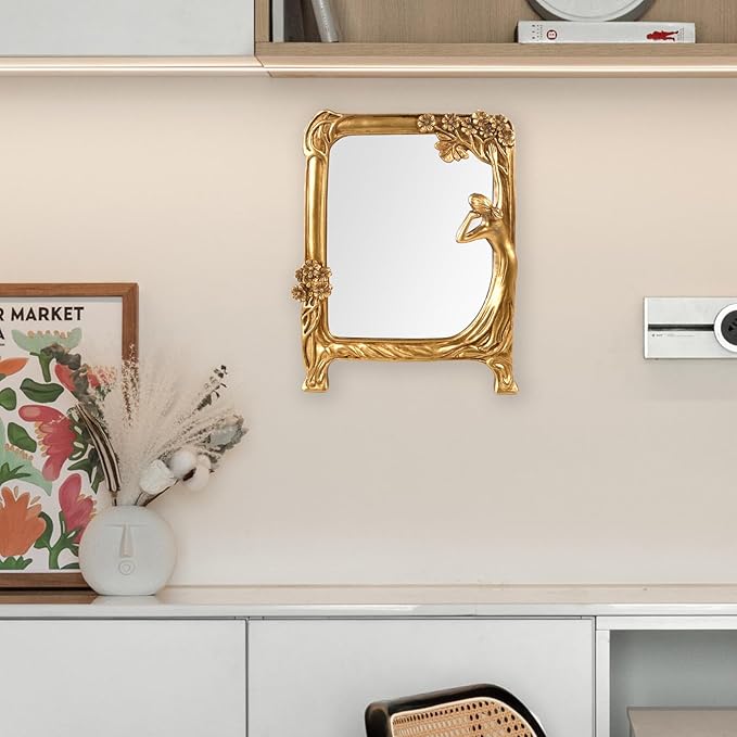 Vintage Gold Mirror Wall Decor - Small Vanity Mirrors, Antique Decorative for Desk Room, Frame Arched Victorian Decoration for Home Table, Standing Framed Gift for Furniture Living Bedroom, Rectangle