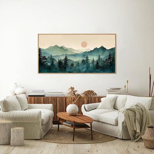 SIGNINART Large Boho Mountain Framed Canvas Wall Art, Nature Pine Tree Wall Painting, Abstract Foggy Forest Wall Decor, Modern Sunrise Art Prints for Bedroom Living Room and Office 20"x40"
