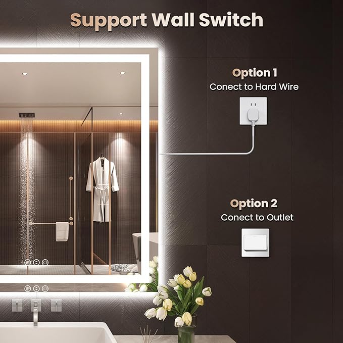 Snowdool 28"X36" LED Bathroom Mirror with Front Lights and Backlit, Anti-Fog, Dimmable, Shatter-Proof Tempered Glass, Lighted Bathroom Vanity Mirror for Wall with 3 Colors, Memory Function