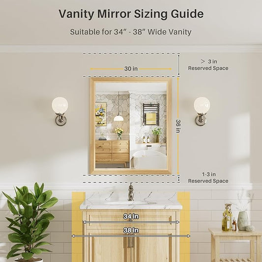 36x30 Inch Bathroom Mirror for Wall, Anti-Rust Oak Wood Grain Metal Framed Bathroom Mirrors for Over Sink,Rectangler Mirrors for Bathroom Vanity, Farmhouse, Bedroom, Living Room, Entryway Decor